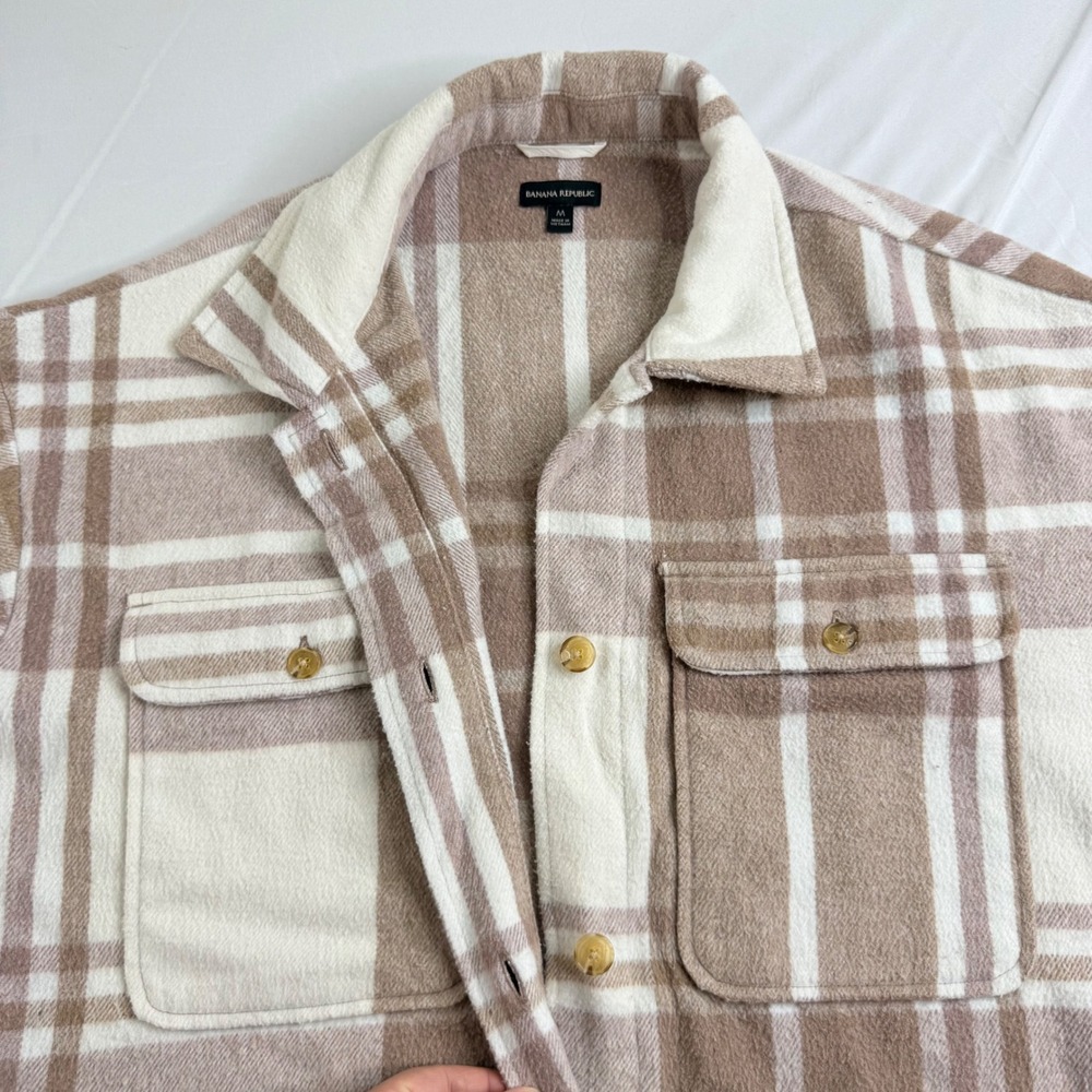 Banana Republic Tan Cream Plaid Oversized Flannel Shirt Jacket Shacket Mens M - Picture 7 of 11